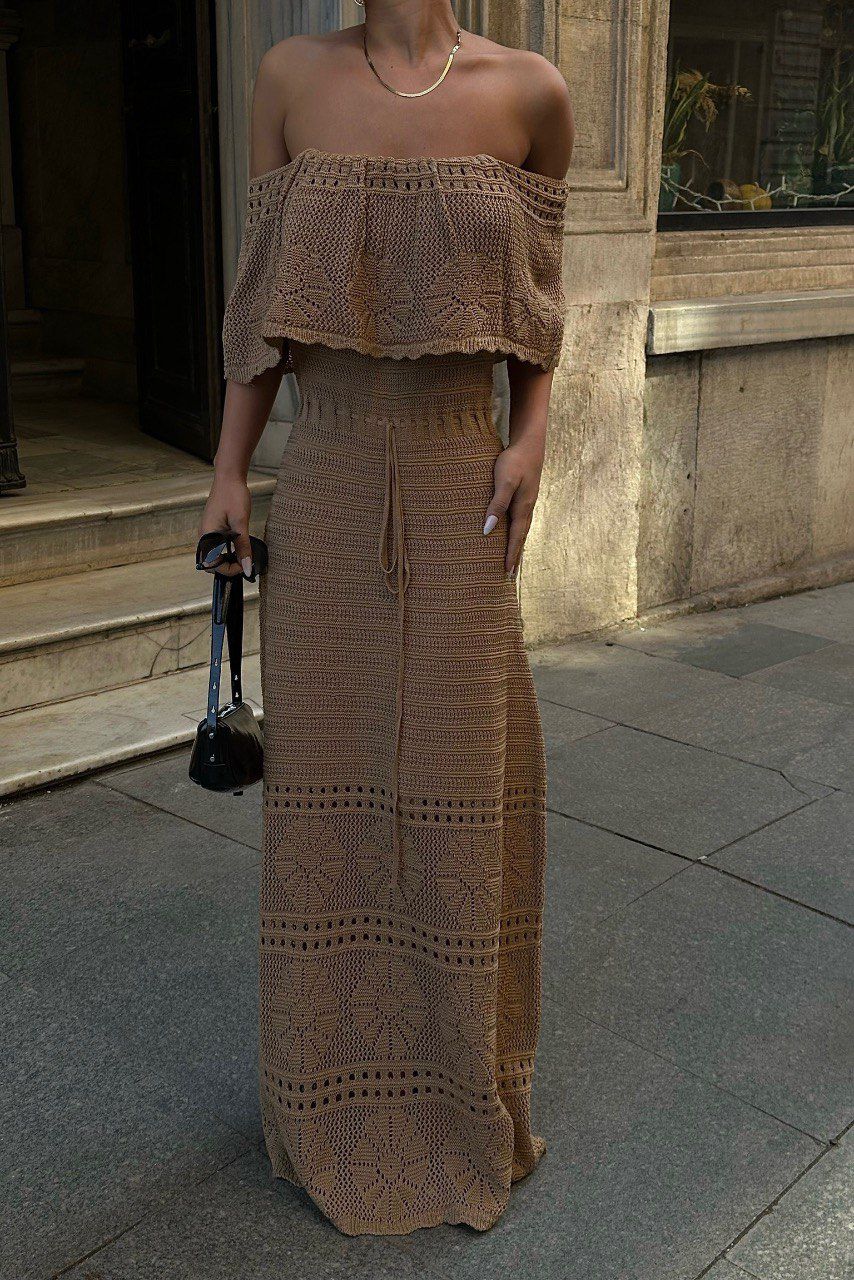 Brown crochet off shoulder dress