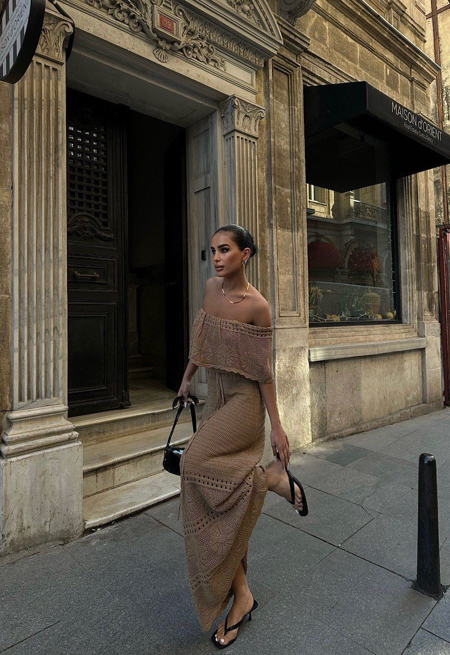 Brown crochet off shoulder dress