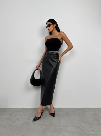 Leather midd length skirt