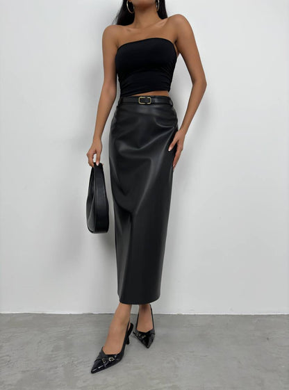 Leather midd length skirt